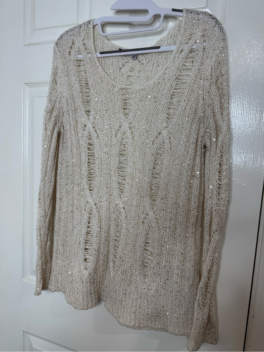Jennifer Lopez Sequin-Embellished Cream Open-Weave Scoop Neck Sweater